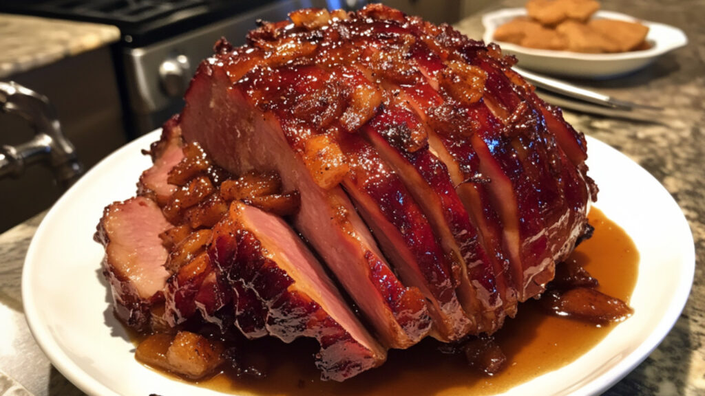 Holiday Ham with Honey-Brown Sugar Glaze on a plate