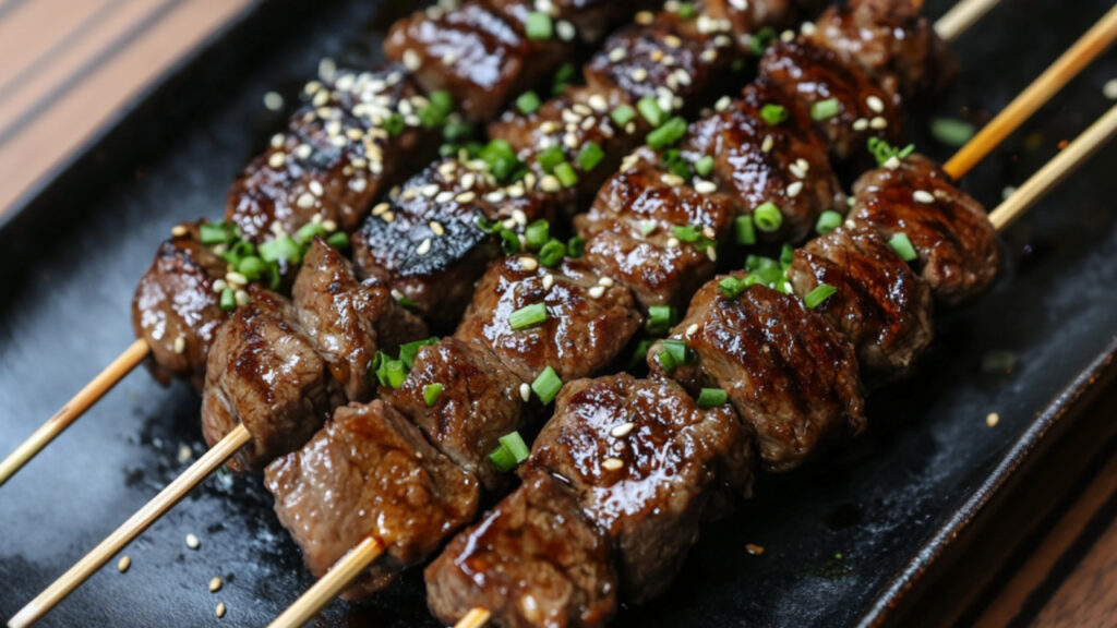 Kushiyaki-Style Steak Skewers on a serving plate