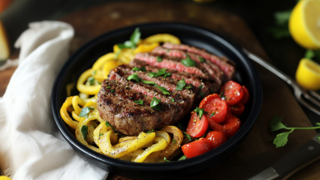 Lemon Garlic Marinated Top Round London Broil with “Squoodles” on a plate