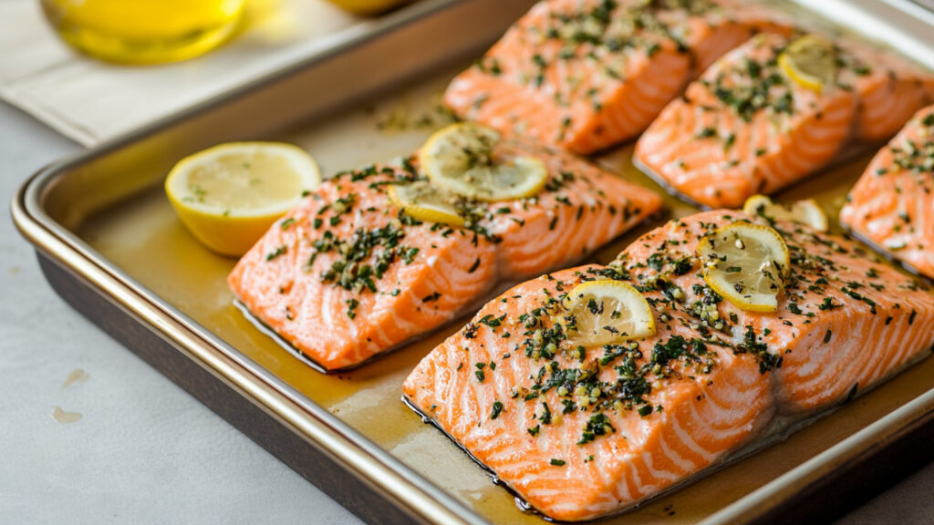 Lemon Herb Butter Sockeye Salmon on a tray