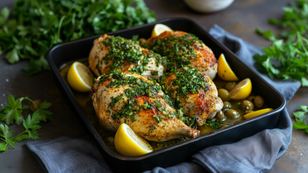 Lemon Pepper Roasted Chicken with Salsa Verde on a tray