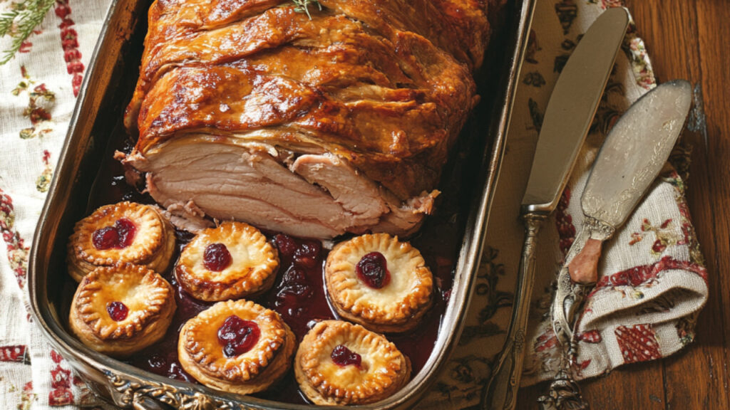 Maple-Brined Whole Pork Loin Roast with Mini Cranberry Pies on a tray