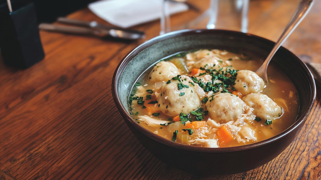Chicken & Matzo Ball Dumpling Soup in a bowl