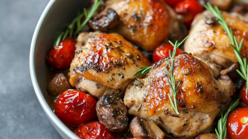 Mushroom and Tarragon Chicken Thighs in a bowl