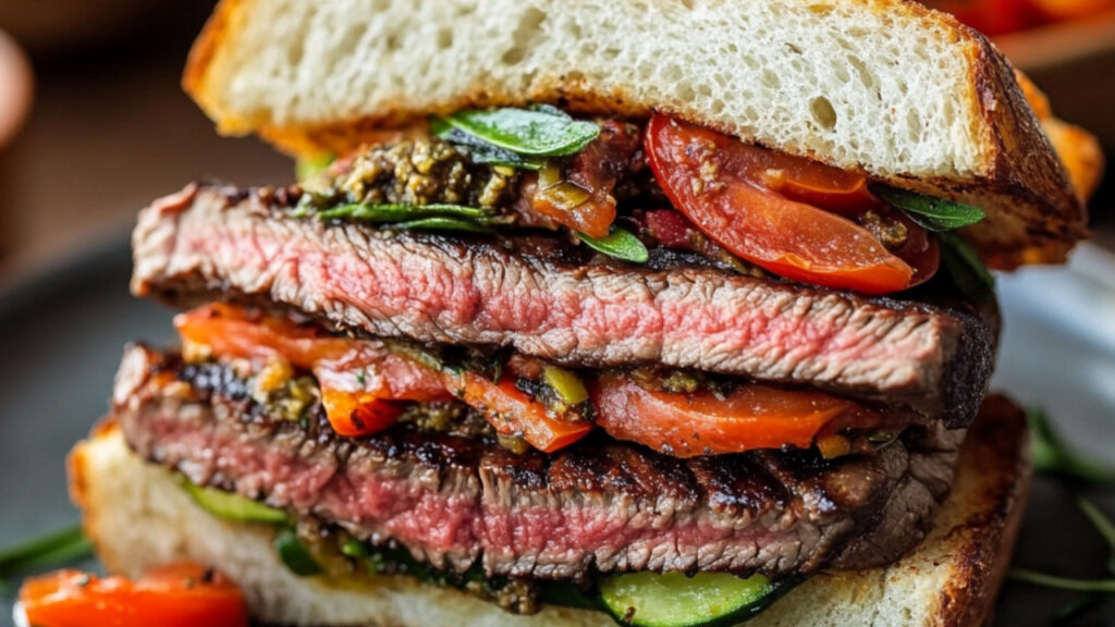 NY Strip Sandwich with Rosemary Mayo on a plate