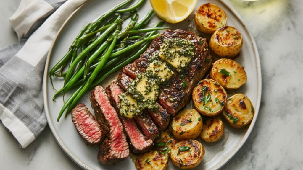 NY Strip Steak with Herb Compound Butter on a plate