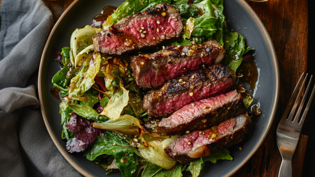 New York Steak and Brown Butter Chicory Salad on a plate