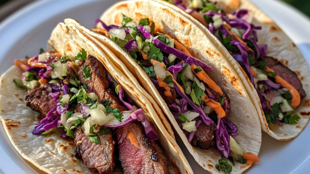 New York Strip Tacos with Cabbage Slaw on a plate
