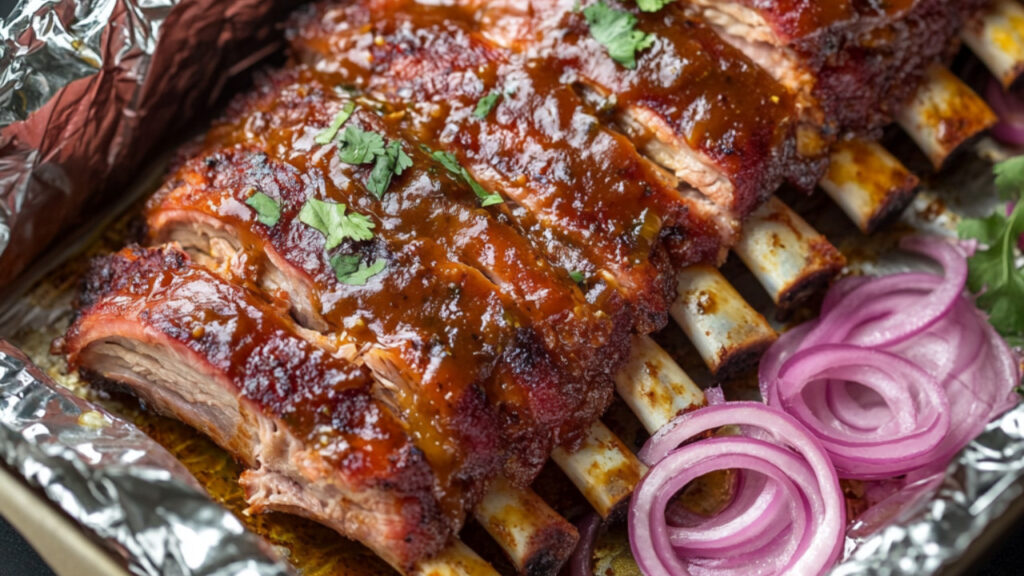 No-Grill Guajillo Pork Ribs in a foiled tray