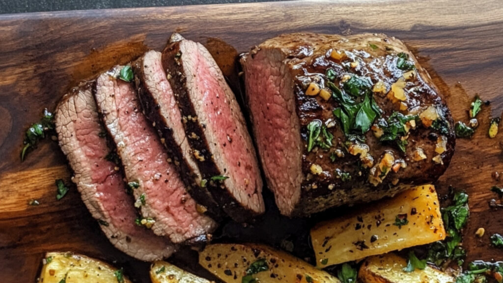 Orange Nutmeg Top Sirloin Cap with Honey and Herb Roasted Parsnips on a chopping board