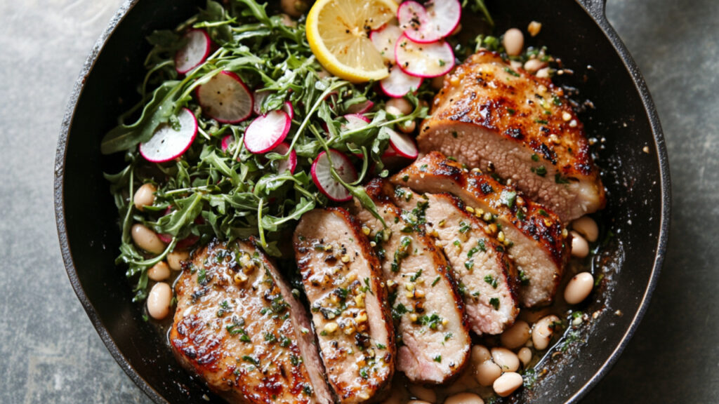 Pan-Roasted Pork Steaks in a cooking pan