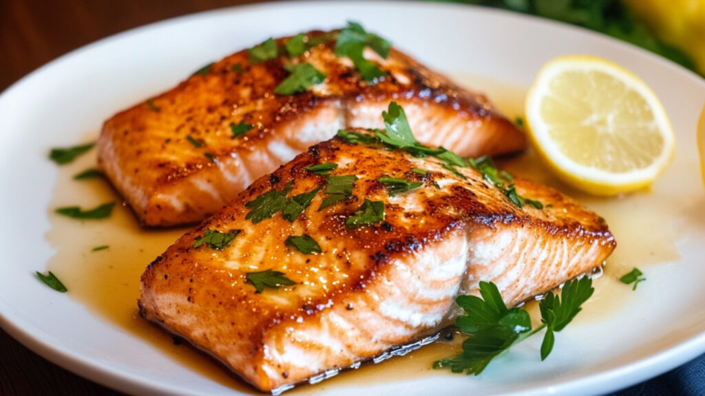 Pan Seared Salmon with lemon on a plate