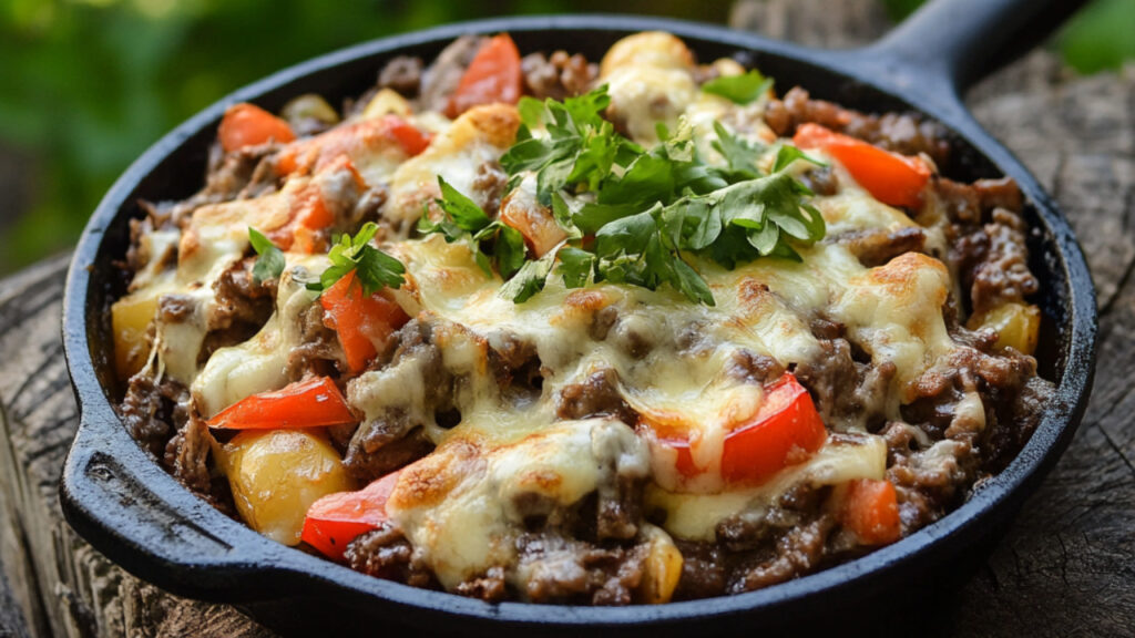 Philly Cheesesteak Skillet in a cooking pan