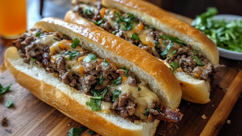 Philly Cheesesteak-Style Sandwiches on a chopping board