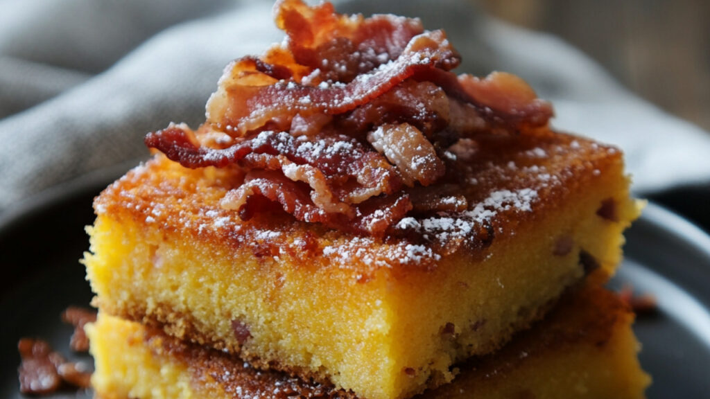 Polenta Cake with Crispy Bacon on a plate