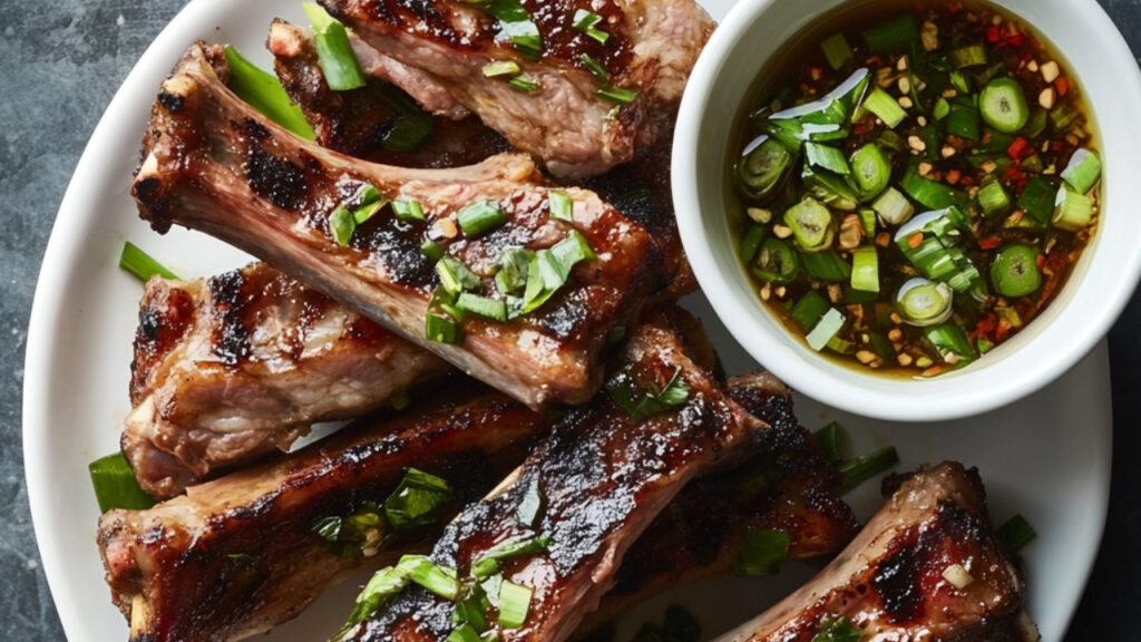 Pork Ribs with Charred Scallion Sauce on a plate