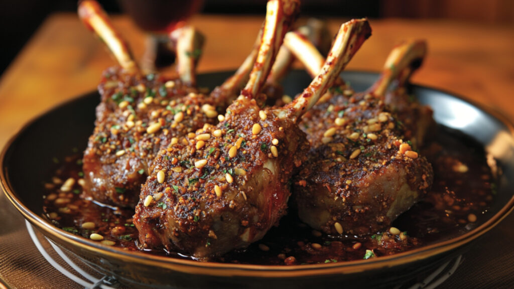 Red Chile Piñon Crusted Lamb Chops on a plate