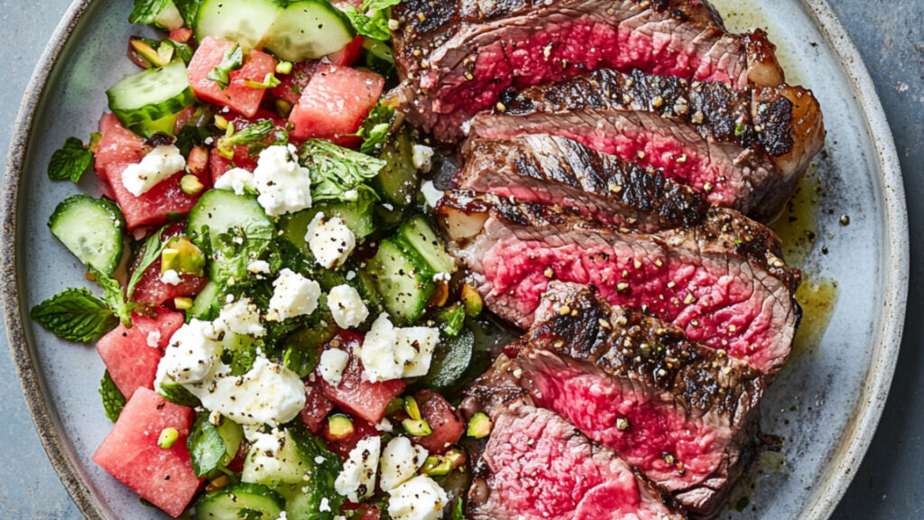 Reverse-Seared Ribeye Steak with Watermelon & Feta Salad on a plate