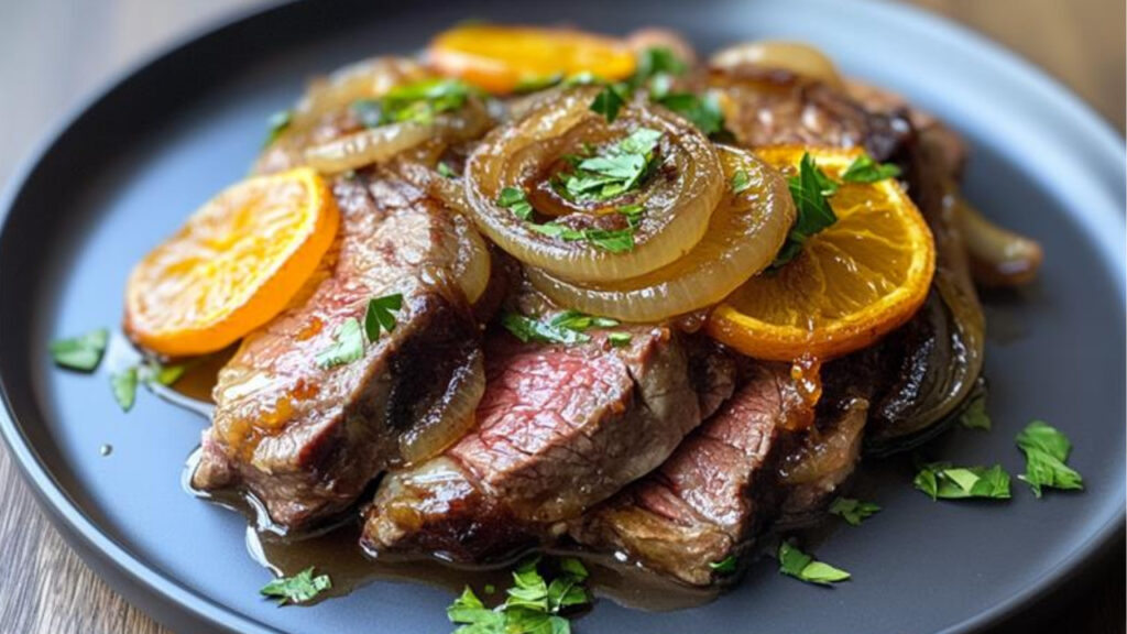 Ribeye Roast with Caramelized Onion Orange Butter on a plate