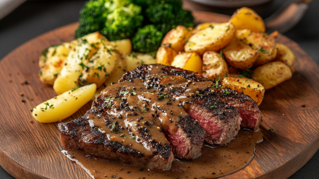 Ribeye with Black Peppercorn Sauce on a wooden plate