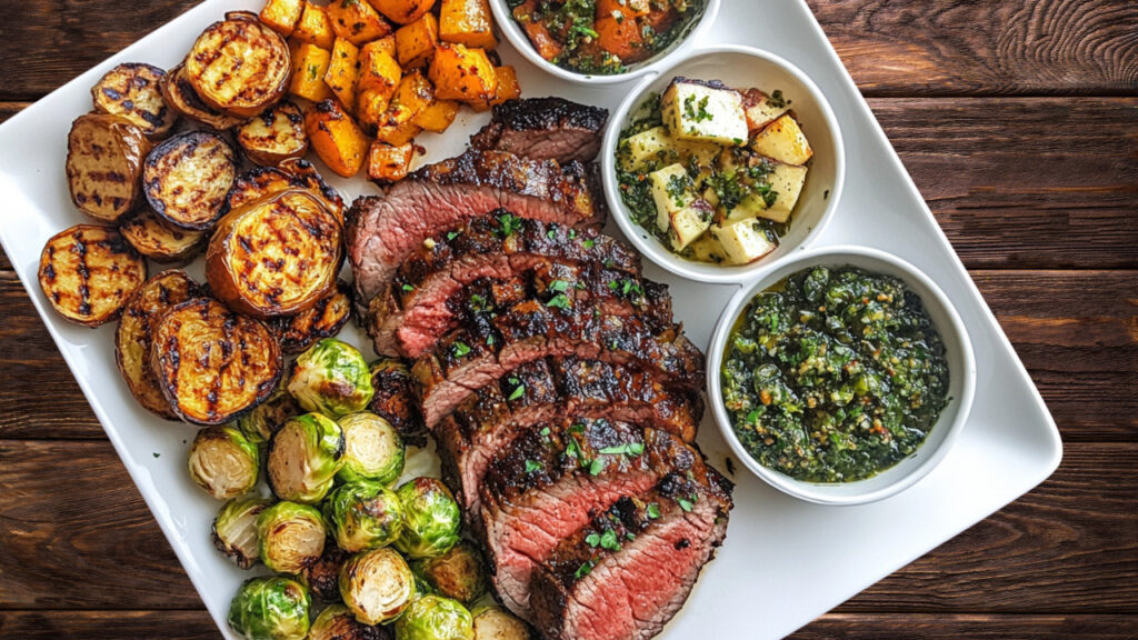 Ribeye steak with 3 side dishes and brussel sprouts