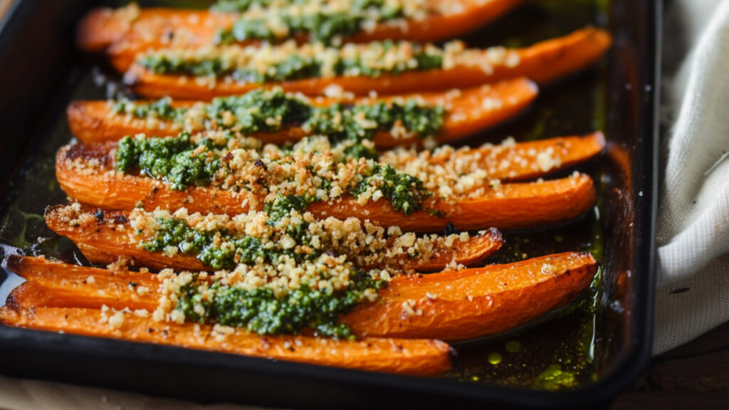 Roasted Carrots with Pesto & Breadcrumbs in a tray