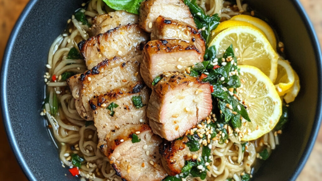 Sesame Pork Loin Noodle Bowls with Basil and Lemon in a bowl