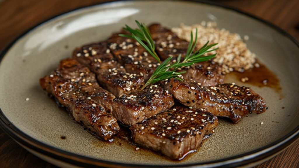 Sesame Salt and Pepper Steak on a plate