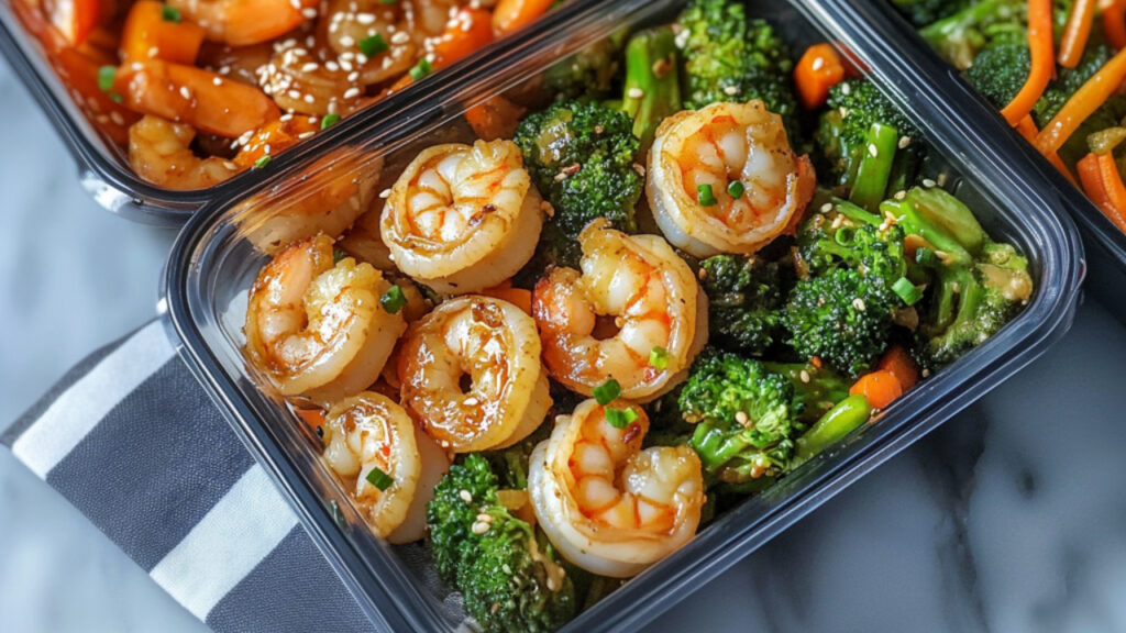 Sesame Shrimp Stir-Fry in a meal prep container