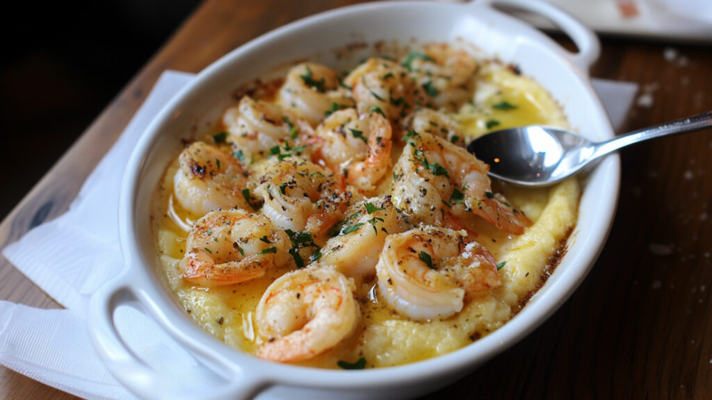 Shrimp Scampi with Polenta in a baking dish