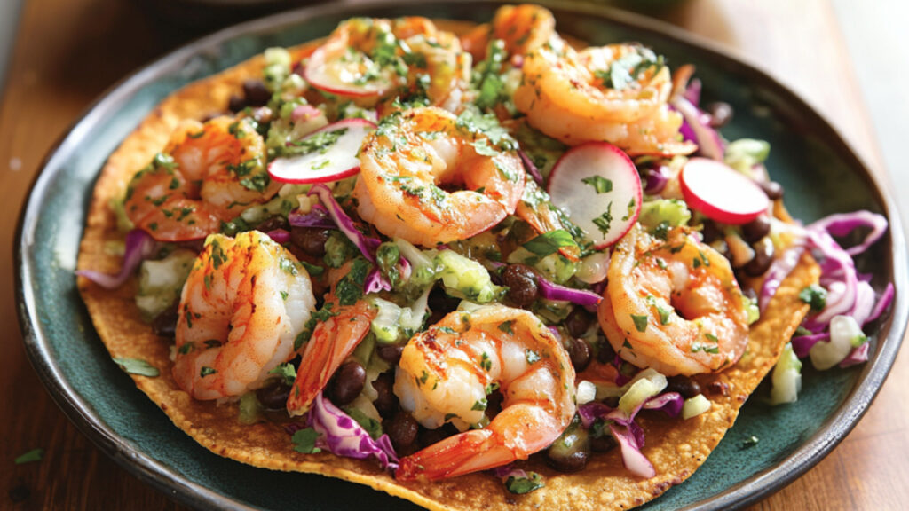 Shrimp and Black Bean Tostadas on a plate