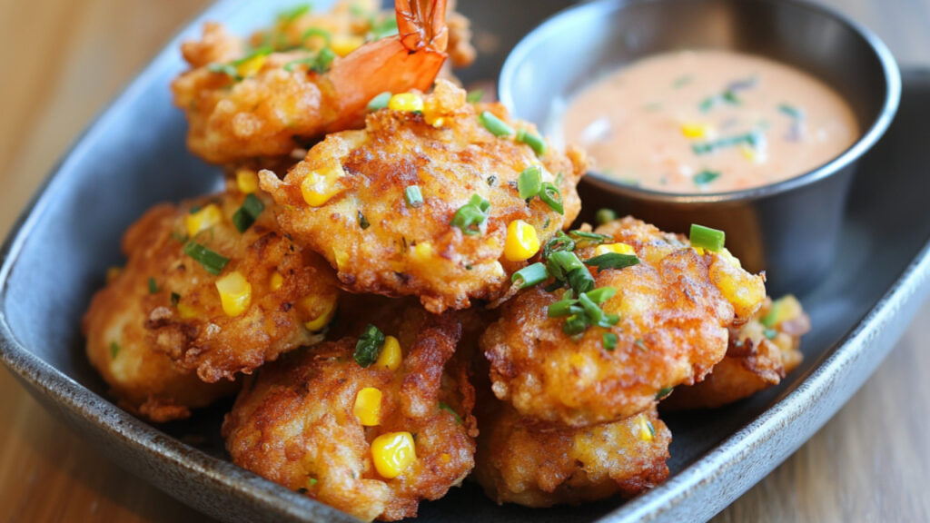 Shrimp and Corn Fritters on a plate