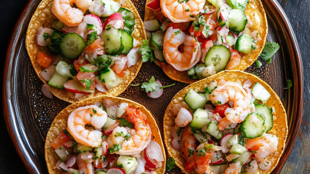 Shrimp and Cucumber Ceviche on Tostadas on a plate