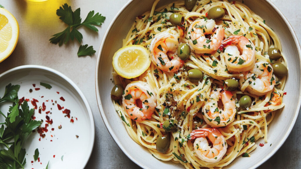 Shrimp and Green Olive Pasta on a plate