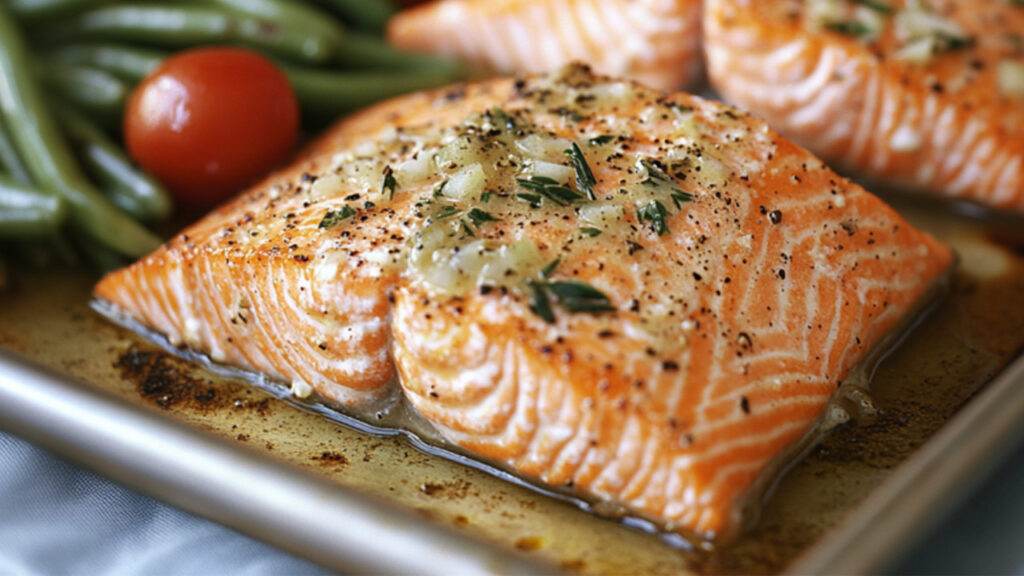Slow Roasted Salmon in a Tray with tomato and beans at the side
