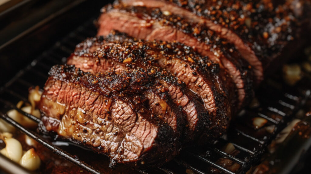 Slow Roasted Tri-Tip with Confit Garlic and Smoked Chili Rub in a grill