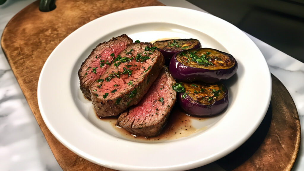 Sous-Vide Top Sirloin with Za’atar Eggplant on a plate