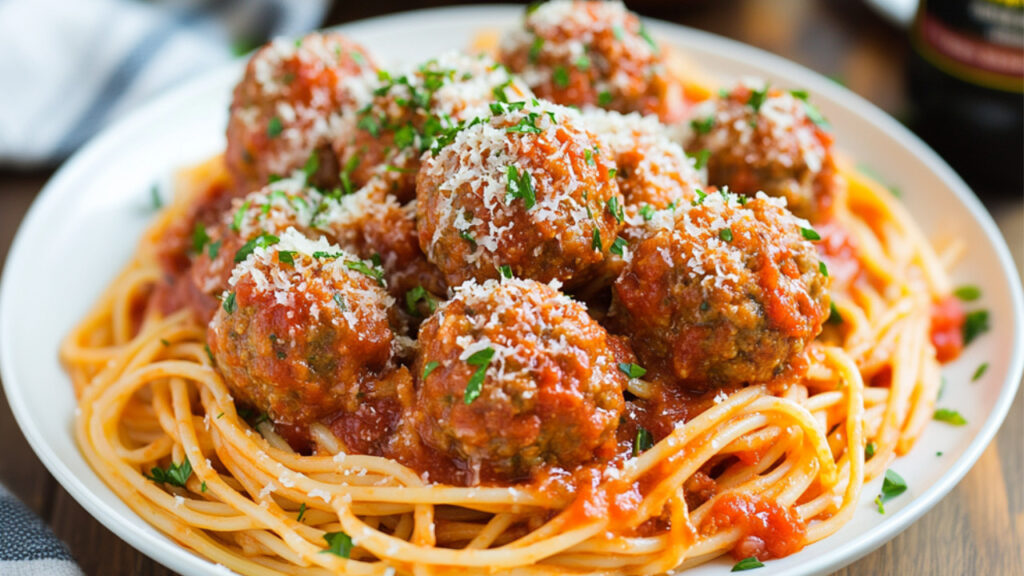 spaghetti and meatballs on a plate