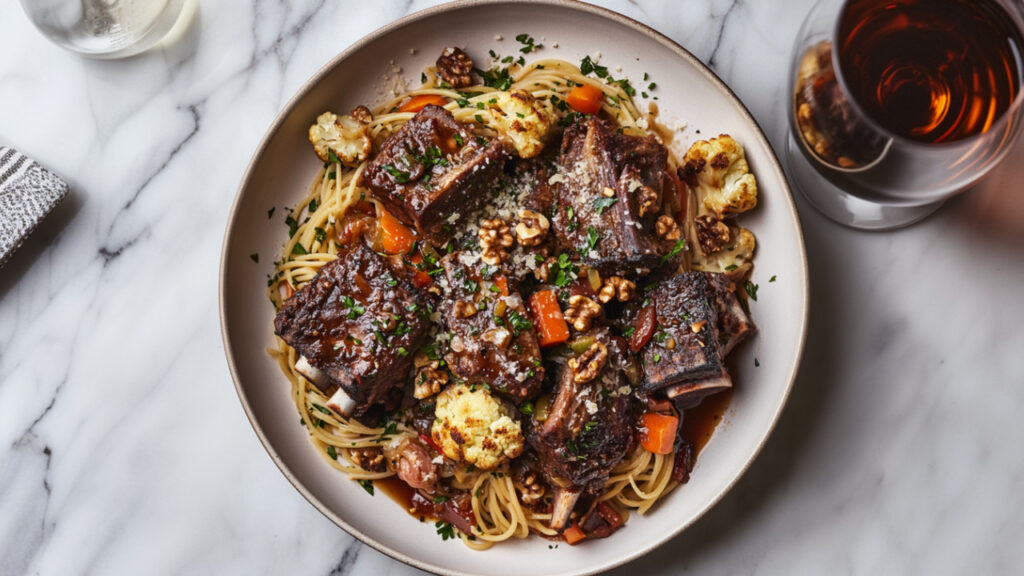 Spaghetti with Red Wine Braised Short Ribs in a bowl