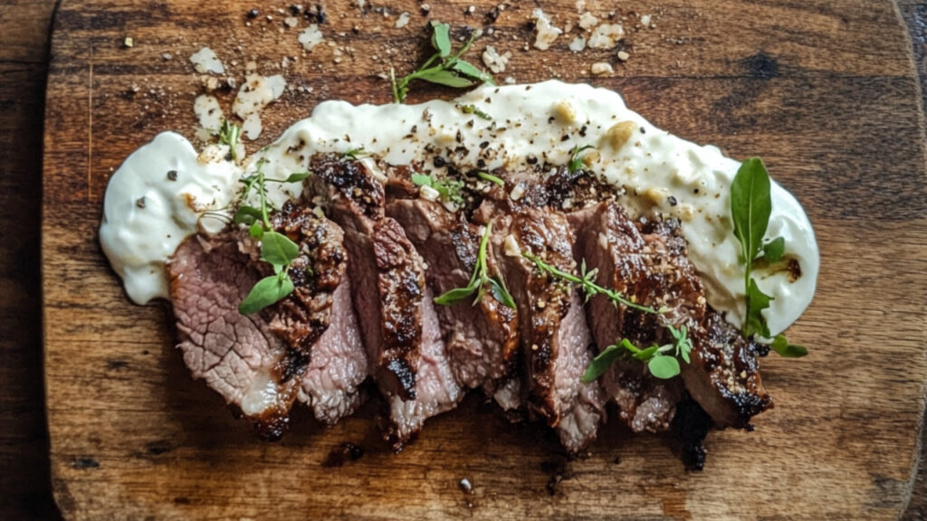 Roasted Beef with Fresh Horseradish Cream on a chopping board