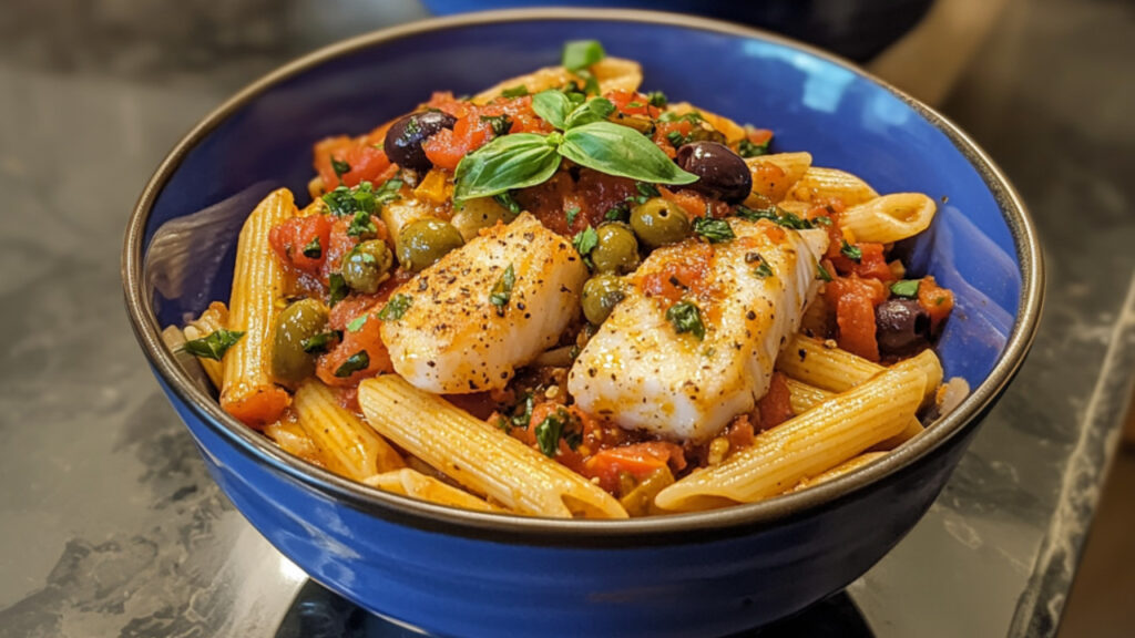 Spicy Cod Puttanesca Pasta in a bowl