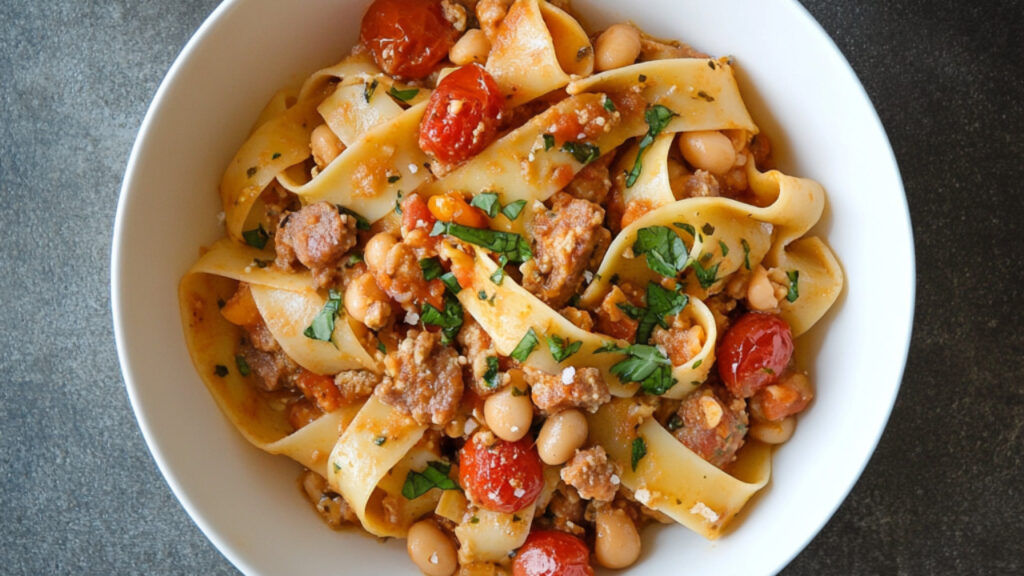 Spicy Pasta with Sausage, Beans and Cherry Tomatoes in a bowl