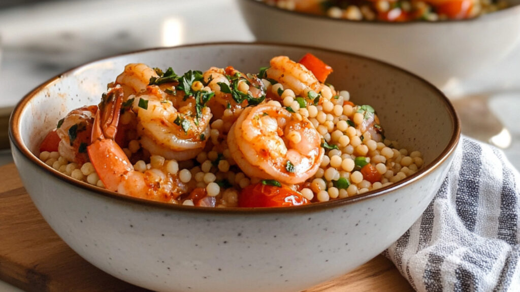 Spicy Shrimp with Tomato and Pearl Couscous in a bowl