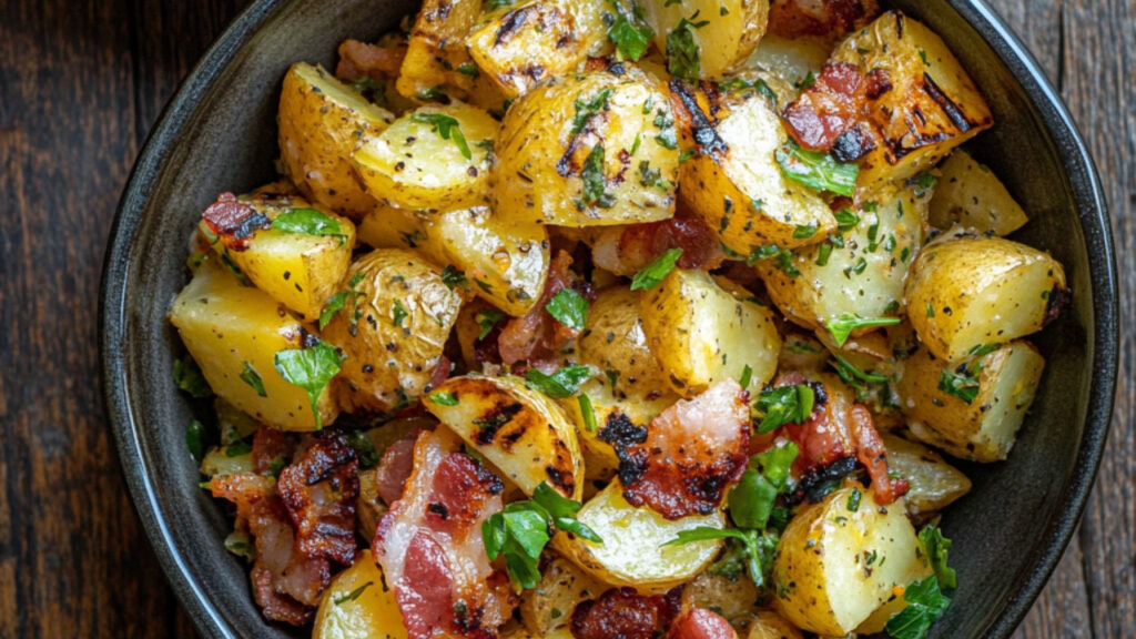 Summer Potato Salad With Grilled Bacon And Herbs in a bowl