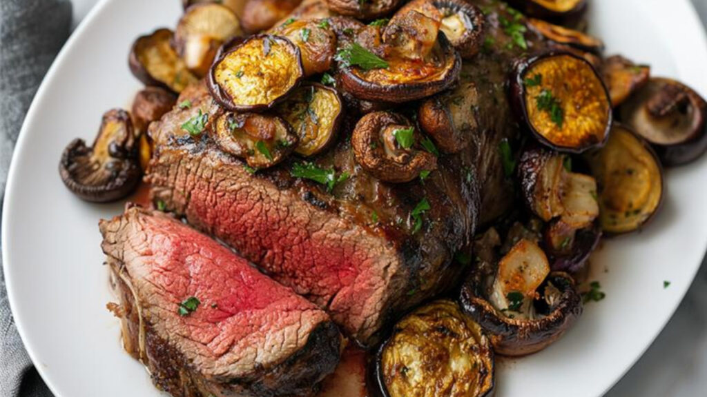 Ribeye Roast With Roasted Mushrooms and Eggplant on a plate